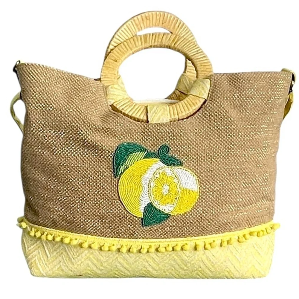 New America & Beyond Beaded Lemon Yellow Chevron Circular Wood Handle Tote NWT